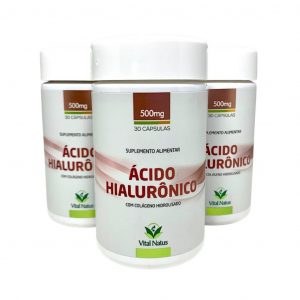 KIT C/3 FRASCOS ÁCIDO HIALURÔNICO + COLÁGENO HIDROLISADO E VITAMINAS 500mg C/ 30 CÁPSULAS